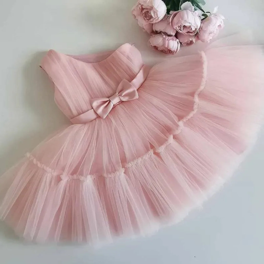 Kiddocraze Peach Striped Net Baby Frock